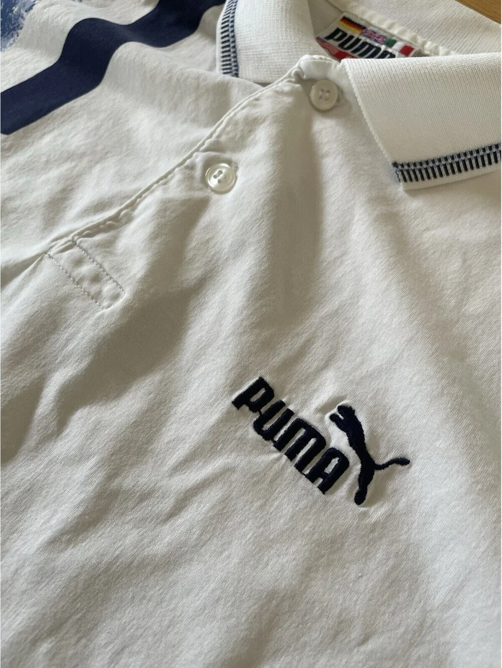 Puma 90S Tennis Polo Shirt Rare Size Large white W Blue Stripes